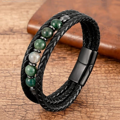 Men's Magnetic Tigereye Bead Bracelet - Stainless Steel & Leather Wellness Jewelry