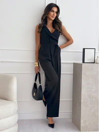 Women's V-Neck Belted Jumpsuit – Sleeveless Wide-Leg Trouser Jumpsuit