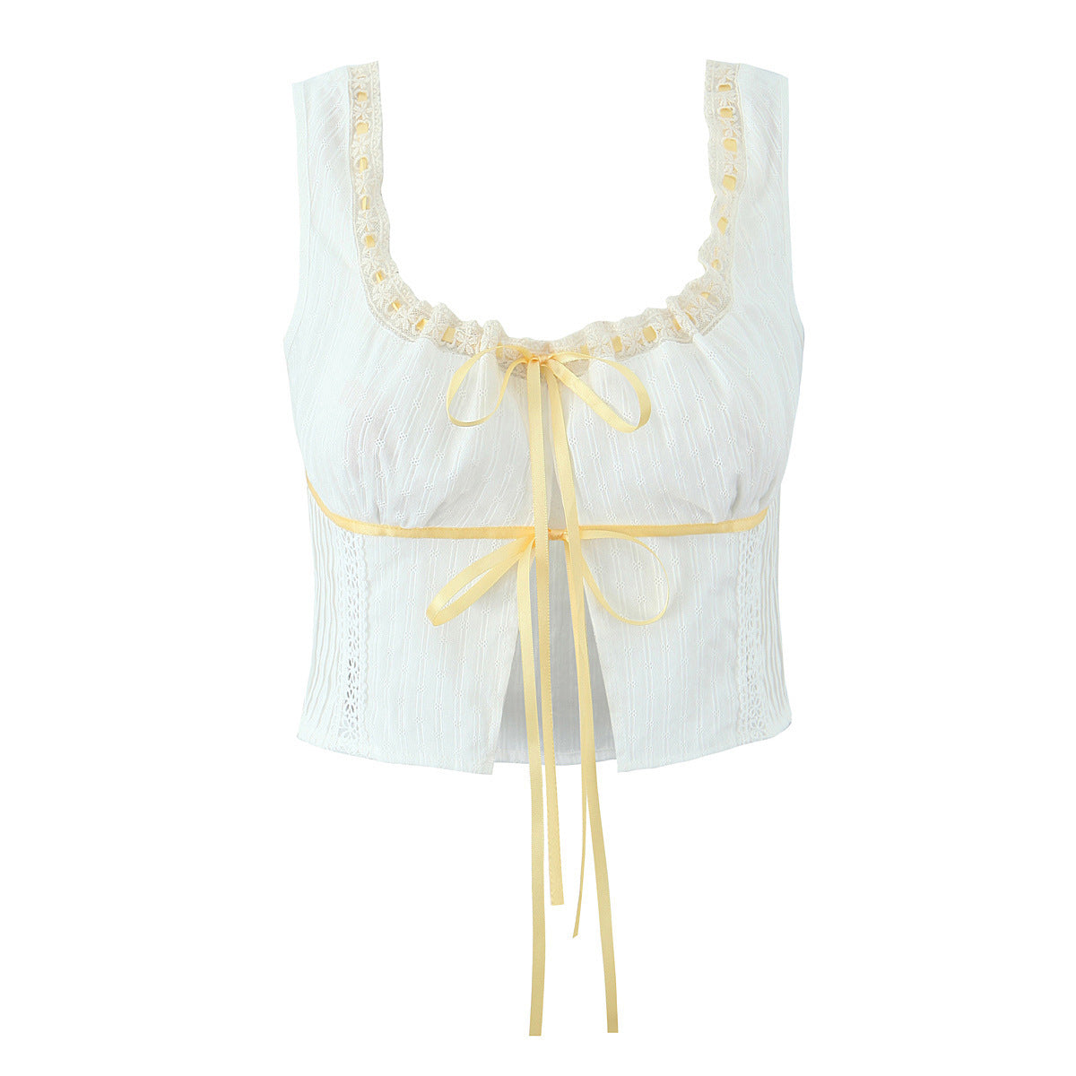 Vacation Style 2-piece French Contrast Color Ribbon Vest Small Top High Waist Lace Trim Skirt What Else You Got?