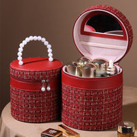 Elegant PU Cylinder Cosmetic Bag with Built-in Mirror - Travel & Vanity Organizer