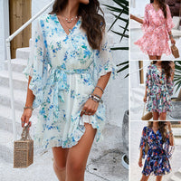 Elegant Floral Lace-Up Ruffle Dress – Summer Garden Party Outfit for Women