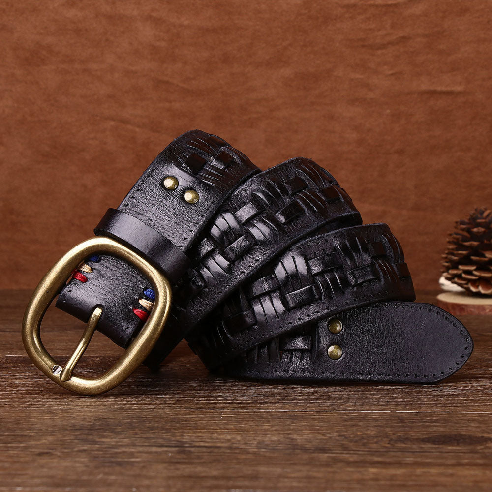 Men's Hand-woven First Layer Cow Leather Belt Personalized Punch-free Brass Buckle What Else You Got?