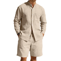 Men's Linen Summer Shirt & Shorts Set - Breathable Vintage Stand Collar Beach Suit - Lightweight & Comfortable