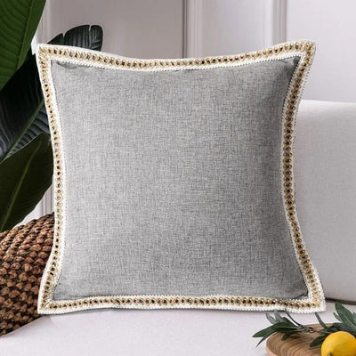 Boho Linen Throw Pillow Covers Set of 2 - Rustic Farmhouse Decorative Cushion Covers with Vintage Trim for Sofa & Couch - Gray