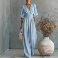Elegant Waist-Cinching V-Neck Jumpsuit for Women - Modest & Stylish | Christian Fashion