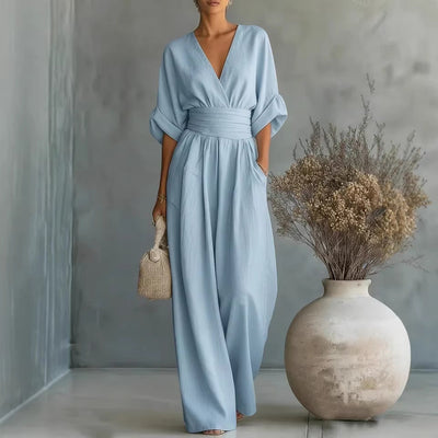 Elegant Waist-Cinching V-Neck Jumpsuit for Women - Modest & Stylish | Christian Fashion