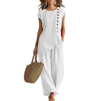 Elegant Women's Two-Piece Crewneck Button-Up & Wide-Leg Pants Set – Casual Chic Outfit