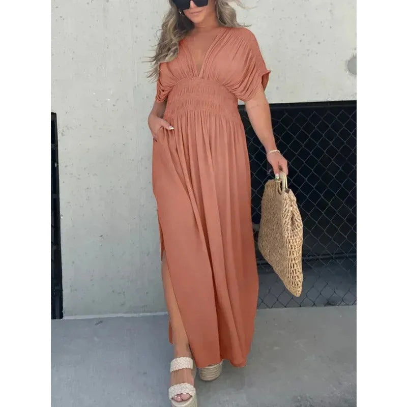 Fashion Bat-sleeved V-neck Slit Dress Summer Short Sleeve Elastic Waist Long Dresses Womens Clothing What Else You Got?