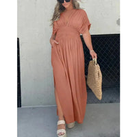 Elegant Bat-Sleeve Maxi Dress – V-Neck Slit with Elastic Waist for Summer | Summer Elegance