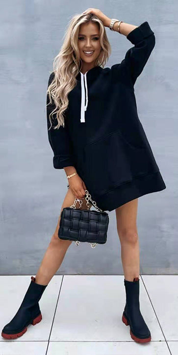 Women's Hooded Sweatshirt With Pockets Fashion Casual Split Mid-length Sweater Drawstring Tops What Else You Got?