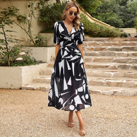 Elegant Seaside Grace Maxi Dress: V-Neck Printed Chiffon for Summer Vacations