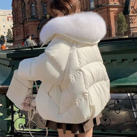 Women's Short Fur Collar Puffer Jacket - Warm Winter Coat with Faux Fur Trim