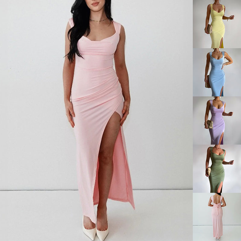 Women's Sleeveless Slit Dress – Slim Fit Back-Tie Summer Party Dress