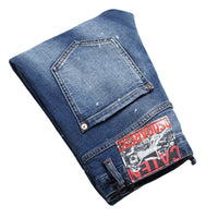 Men’s Stylish Ripped Jeans – Blue Denim with Trendy Ornament Detailing (Mid-Waist, Slim Fit)