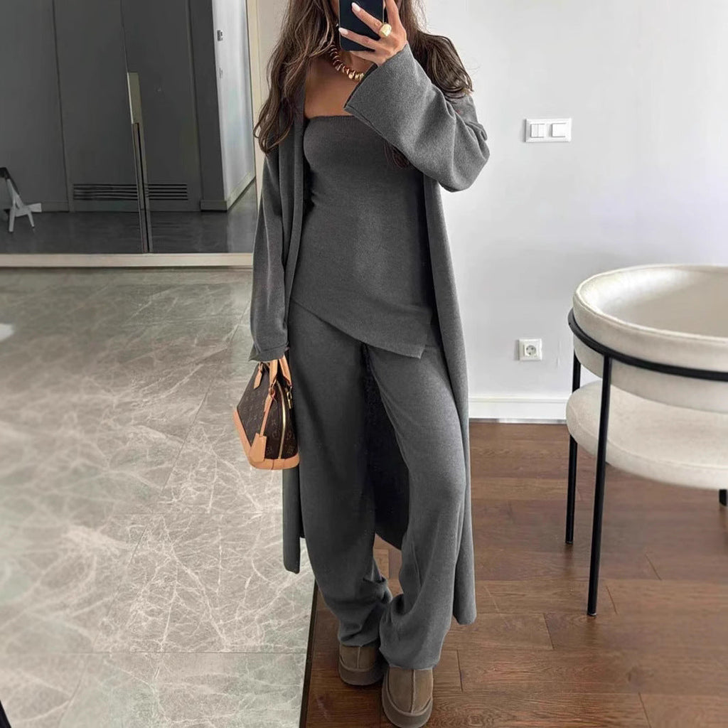 New Style Casual Solid Color Knitted Three-Piece Set Loose Long Coat And Wide-Leg Pants For Women What Else You Got?