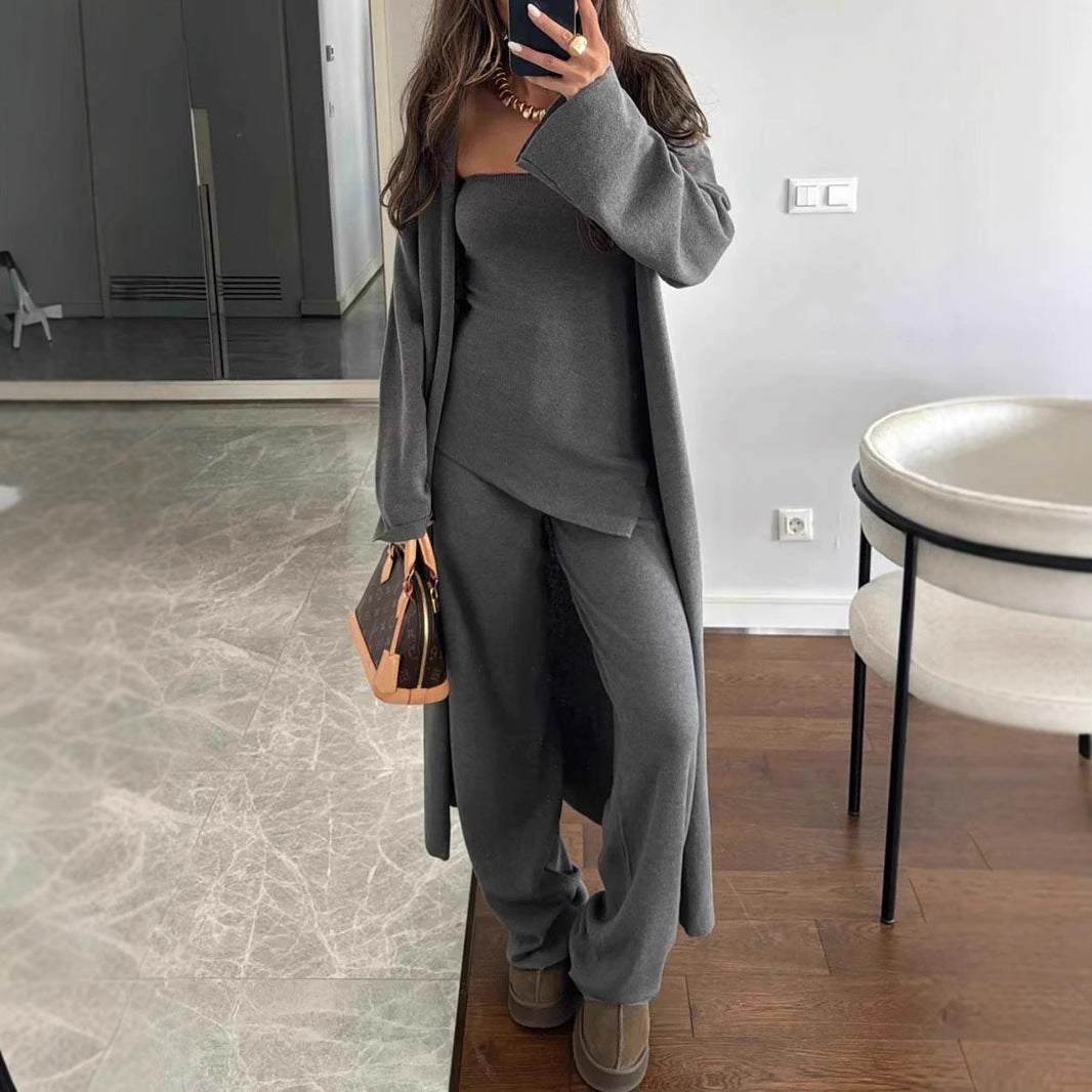 Elegant 3-Piece Modest Knit Set: Chic Cotton Coat & Wide-Leg Pants (Khaki, Gray, Red)
