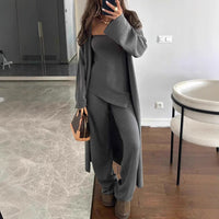 Elegant 3-Piece Modest Knit Set: Chic Cotton Coat & Wide-Leg Pants (Khaki, Gray, Red)