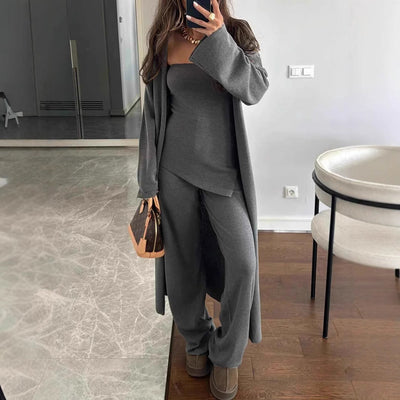 Elegant 3-Piece Modest Knit Set: Chic Cotton Coat & Wide-Leg Pants (Khaki, Gray, Red)