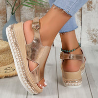 Glamorous Fish Mouth Wedge Sandals – Shiny Hollow Design in Gold & Silver