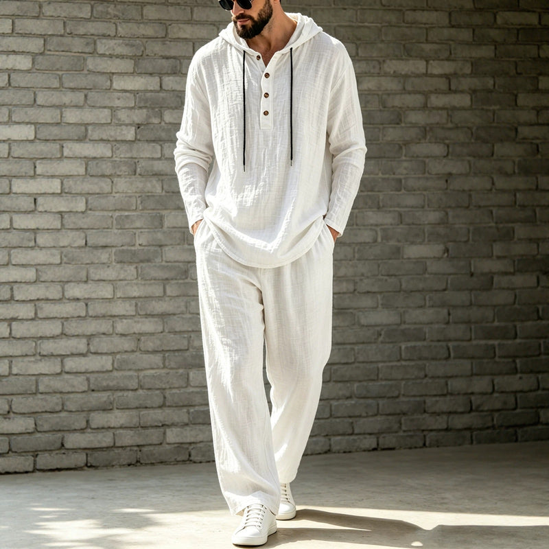 Mens Linen Loose-fit Hoodie And Pants Set