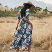 Graceful Summer Floral Dress - V Neck Elastic Waist Comfort Fit for Women
