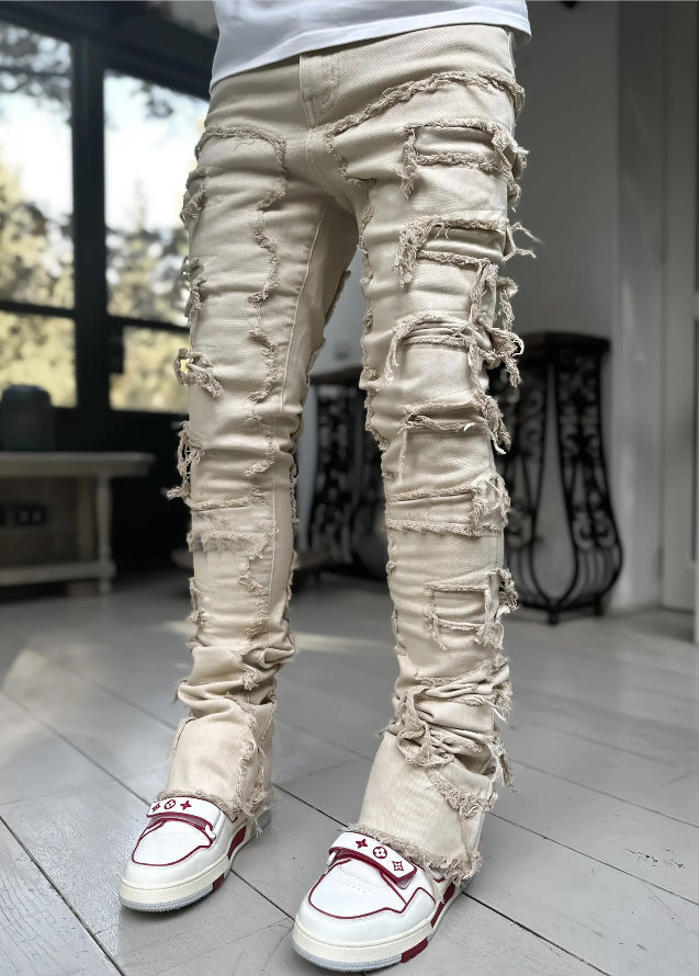 Men’s Stacked Ripped Patch Jeans – INS Fringe Streetwear Slim Fit Trousers What Else You Got?