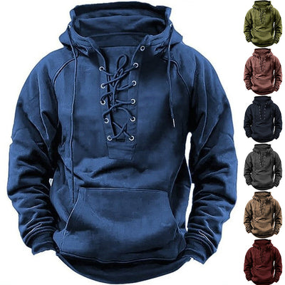 Men's Lace-Up Hoodie Sweatshirt – Urban Streetwear Pullover with Long Sleeves