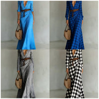 Elegant Women's Pleated Midi Dress with Belt – Slim-Fit Plaid Dress for Every Occasion