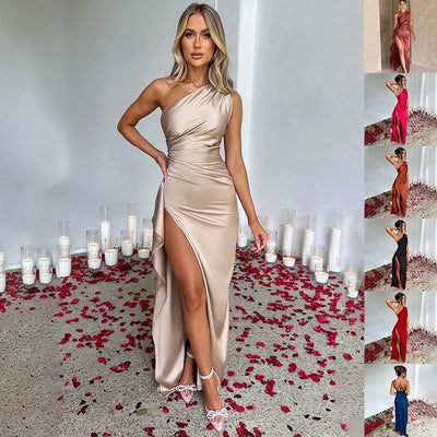 Elegant One-Shoulder Satin Dress – Summer Party & Evening Wear for Women