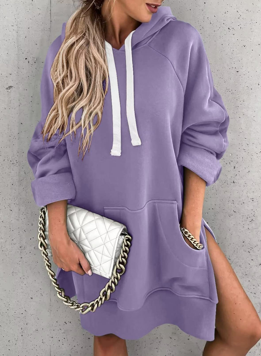 Women's Hooded Sweatshirt With Pockets Fashion Casual Split Mid-length Sweater Drawstring Tops What Else You Got?