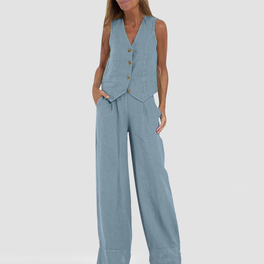 Summer Vest Suits V-neck Botton Sleeveless Top And Loose Straight Trousers Casual Womens Clothing What Else You Got?