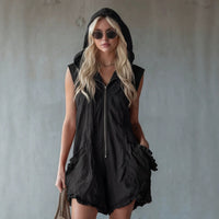 Elegant Boho Women's Cropped Jumpsuit - Retro Zip-Up Hoodie Style in Cotton-Linen Blend
