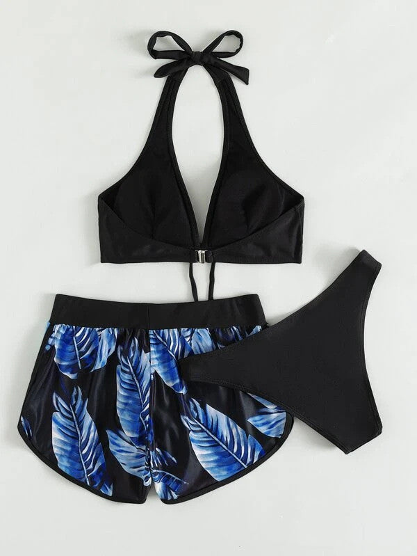 3pcs Leaf Print Bikini With Shorts Fashion Summer Beach Swimsuit Womens Clothing What Else You Got?