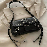 Retro Faux Leather Underarm Bag – Studded Shoulder Bag with Buckles for Women