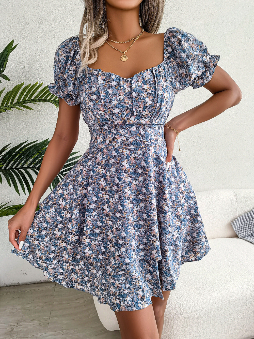 Women Mini Dress Temperament Big Swing Loose Hem Flower Print Shirring Dress Up Short Sleeves High Waist Summer Dress Clothes What Else You Got?