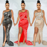 Nightclub Hot Rhinestone Single Sling Slit Long Skirt Dress
