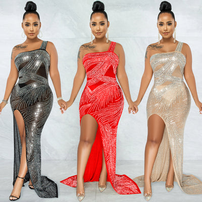 Women's Rhinestone Slit Slip Dress – Nightclub Long Skirt Dress