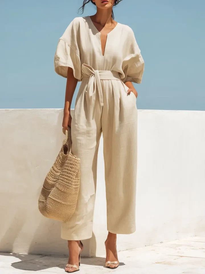 Fashionable V-Neck Solid Color Cotton-Linen Jumpsuit For Women What Else You Got?