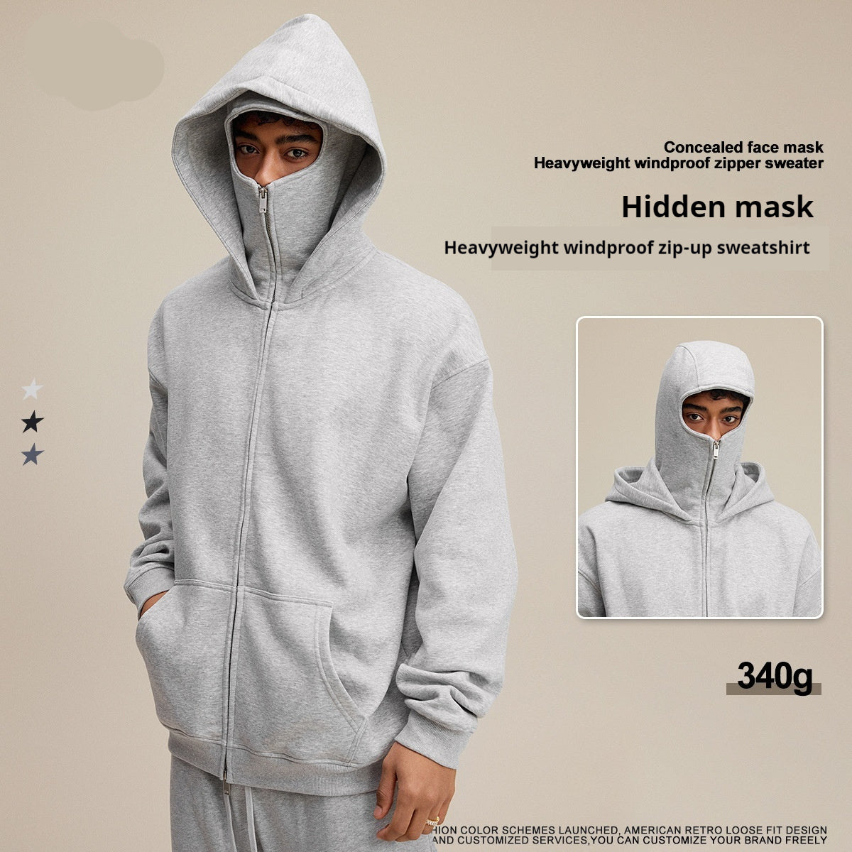 Heated Windproof Retro Sports Zipper Sweater - Cozy Cotton Lined Hoodie with Hidden Hood (S-XXL)