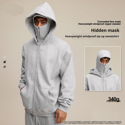 Heated Windproof Retro Sports Zipper Sweater - Cozy Cotton Lined Hoodie with Hidden Hood (S-XXL)