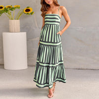 Graceful Striped Beach Dress with Chic Suspenders & Pockets – Summer Vacation Essential for Women