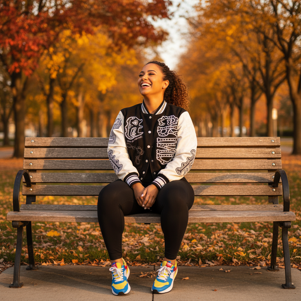 Black varsity jacket park lifestyle