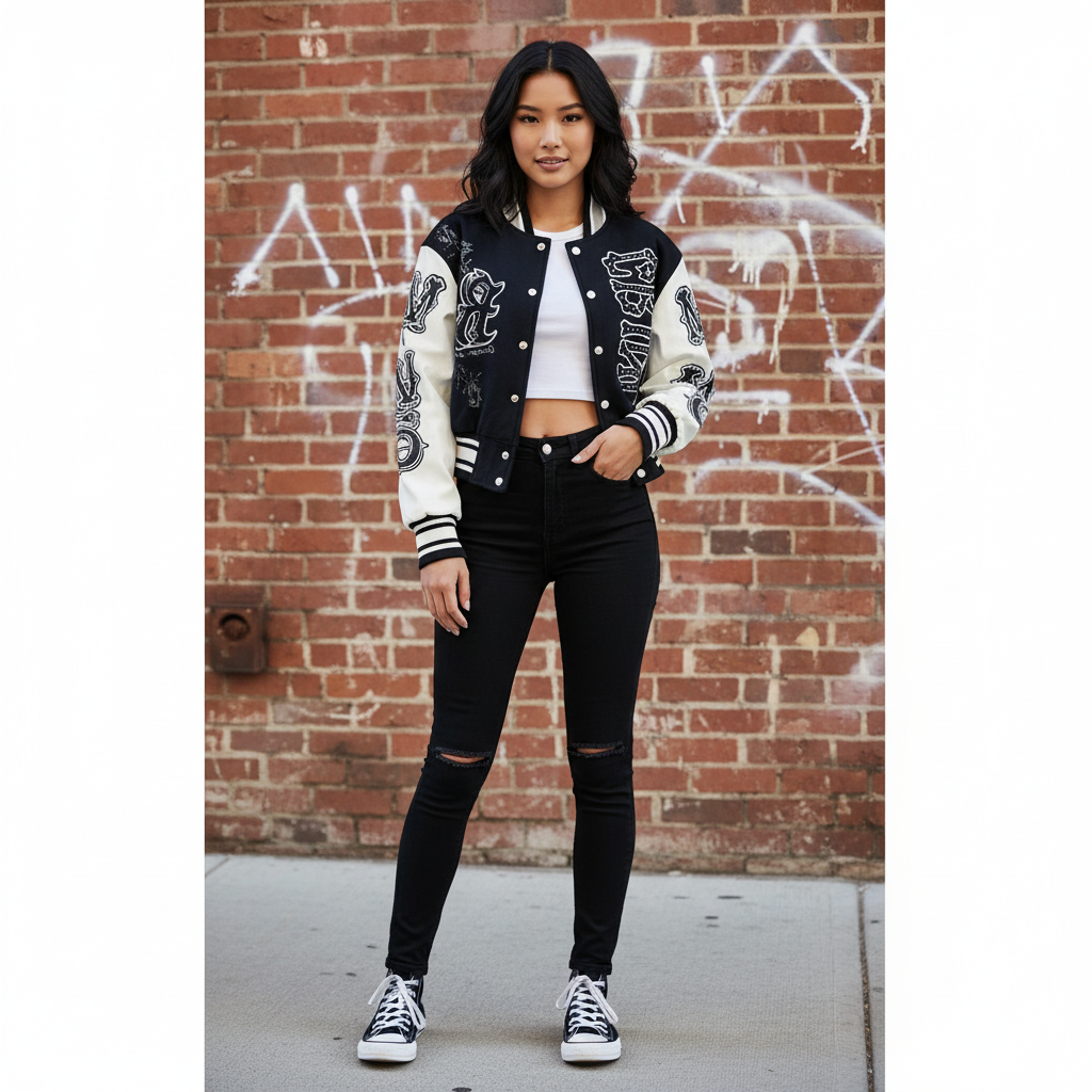 Black varsity jacket urban lifestyle