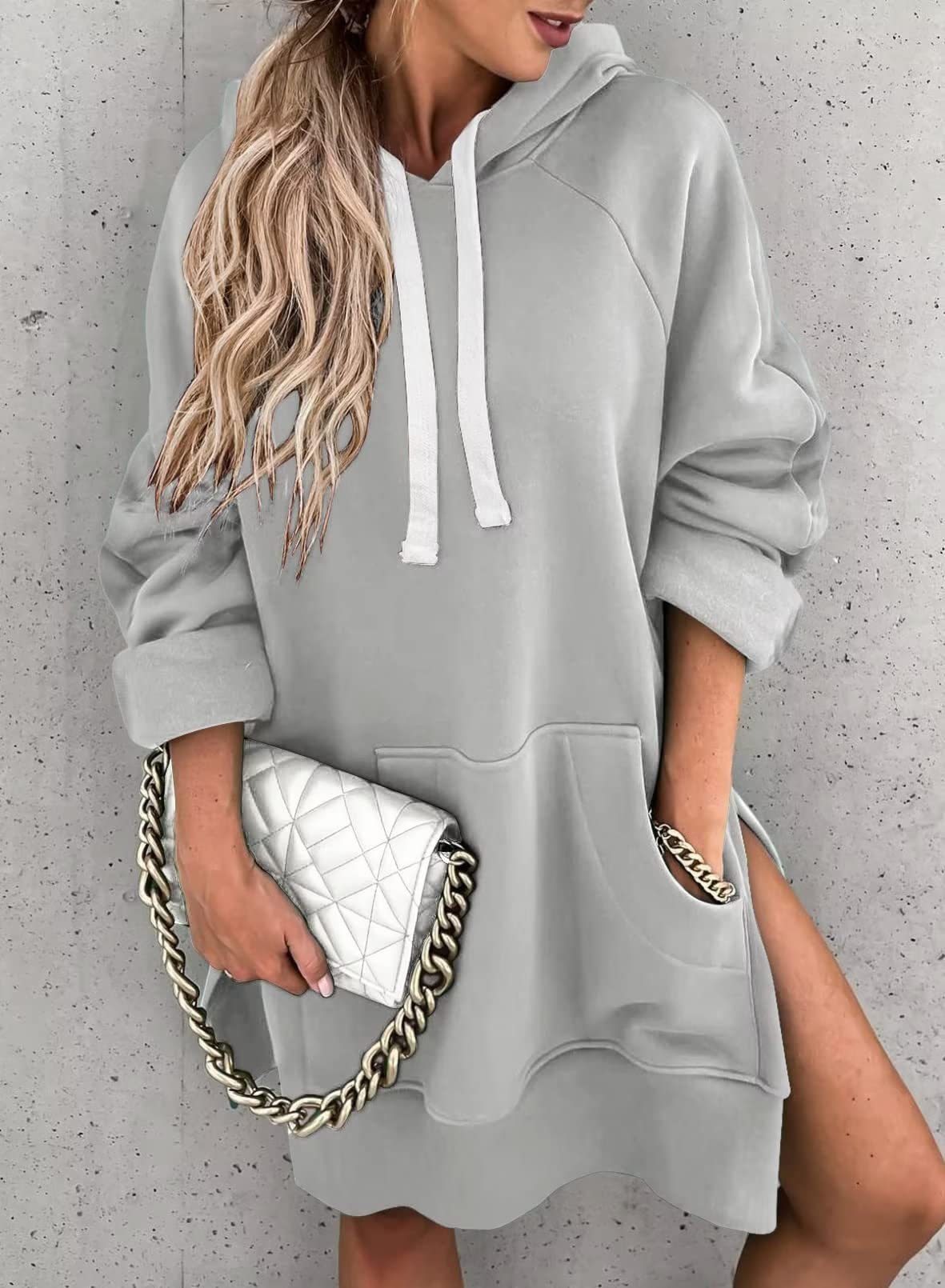 Women's Hooded Sweatshirt With Pockets Fashion Casual Split Mid-length Sweater Drawstring Tops What Else You Got?