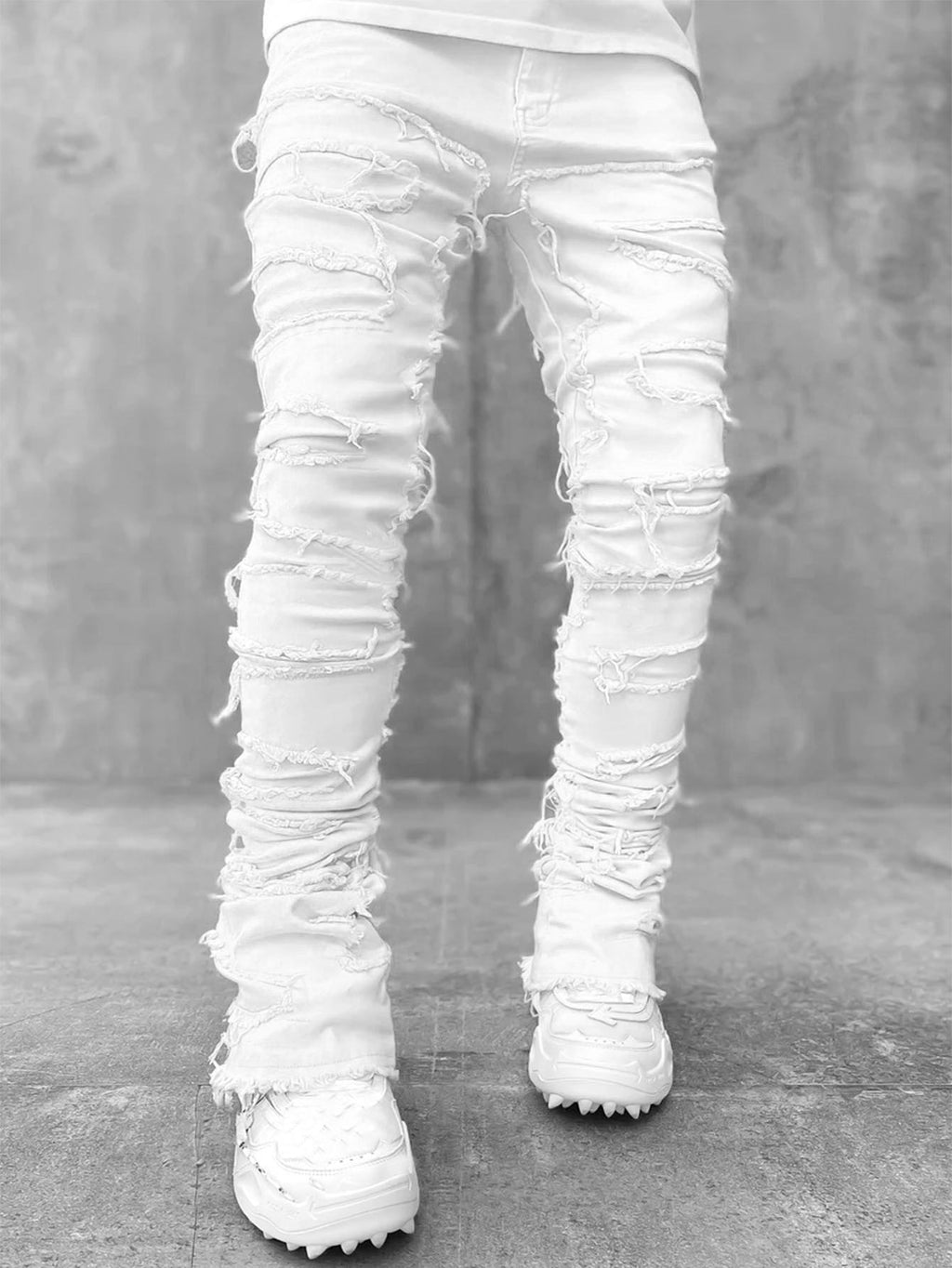 Men’s Stacked Ripped Patch Jeans – INS Fringe Streetwear Slim Fit Trousers What Else You Got?