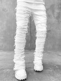 Men’s Bold Stacked Ripped Patch Jeans – Fashionable Streetwear Denim