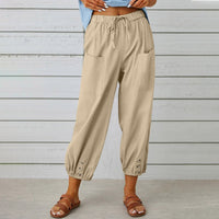 Elegant Christian Women's Drawstring Pants - Comfortable Cotton & Linen Trousers with Pockets & Buttons