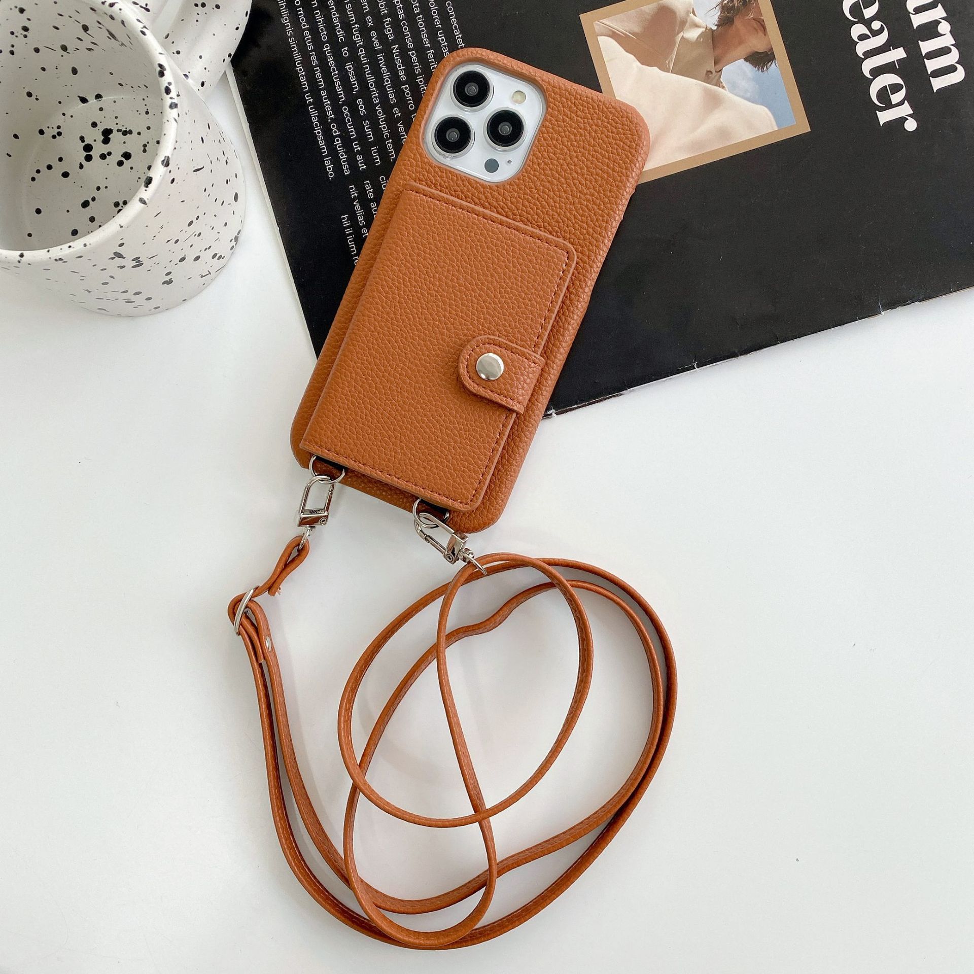 Lychee‑Pattern Card Holder Phone Case with Strap – PC + Leather Rear Cover for iPhone Models What Else You Got?