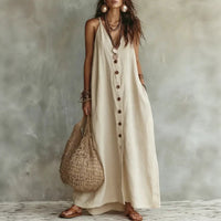 Women's Lightweight Cotton-Linen Maxi Dress – Effortless Summer Style with Button Front