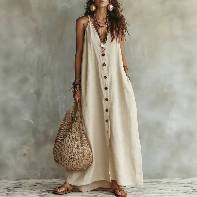 Women's Lightweight Cotton-Linen Maxi Dress – Effortless Summer Style with Button Front